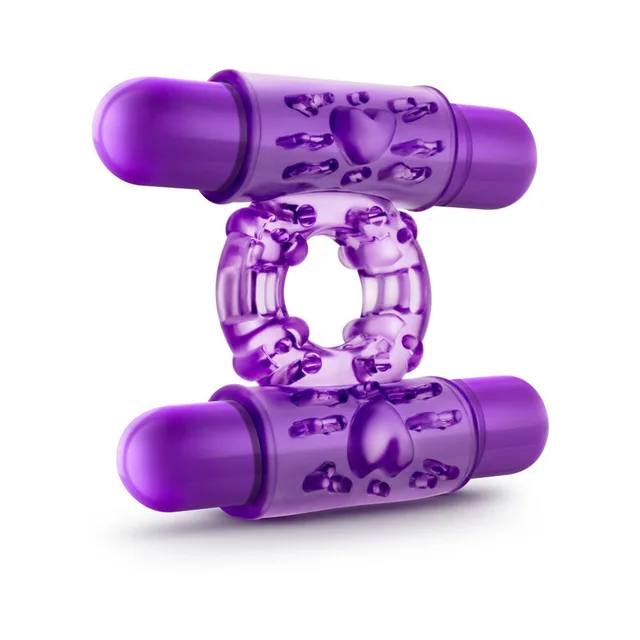 Purple Double Play vibrating ring front view with paired textured sleeves