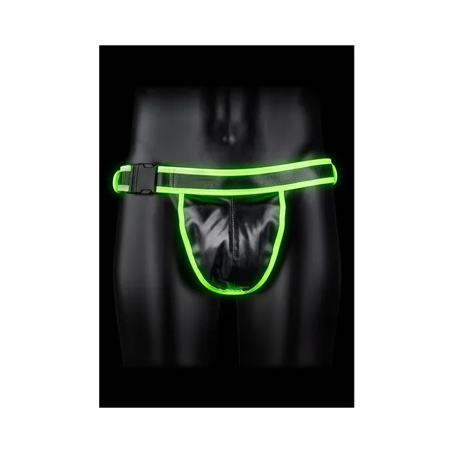 Neon-green open-back jock strap on black mannequin