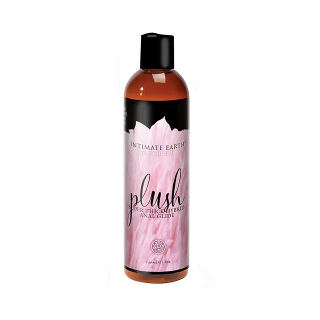 Intimate Earth Plush 8 oz tall amber bottle with pink label