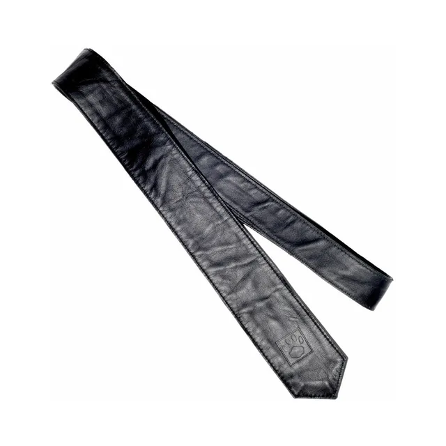 Full-length Prowler RED leather tie laid flat with embossed pointed ends