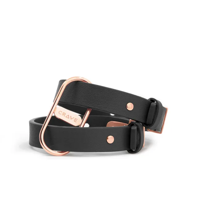 Crave ICON black leather cuffs stacked with rose gold hardware