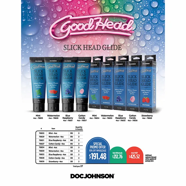 Doc Johnson Good Head Slick bundle chart with nine assorted 4 oz package styles