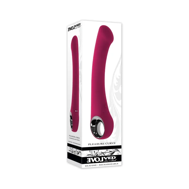 Evolved Pleasure Curve burgundy vibrator pictured on white retail box