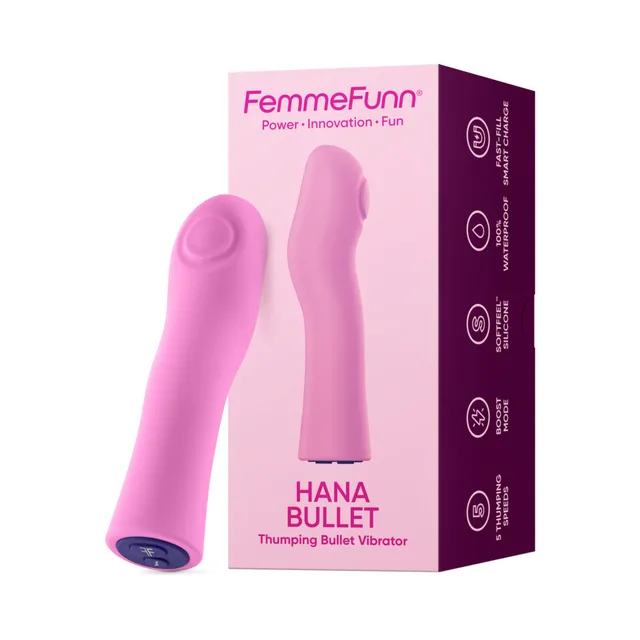 Pink FemmeFunn Hana bullet vibrator beside retail box