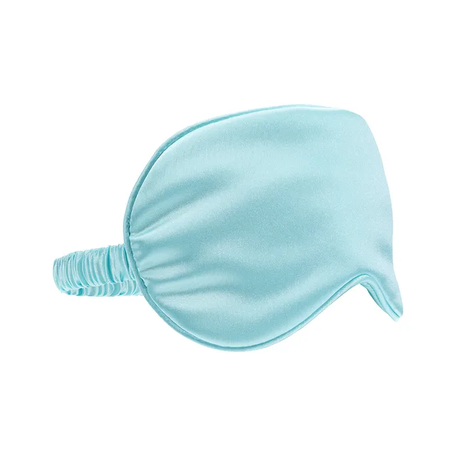 Angled powder-blue Ouch satin mask with gathered strap