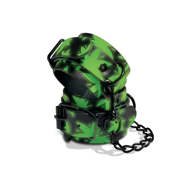 folded cannabis print wrist cuffs with black buckles and metal chain