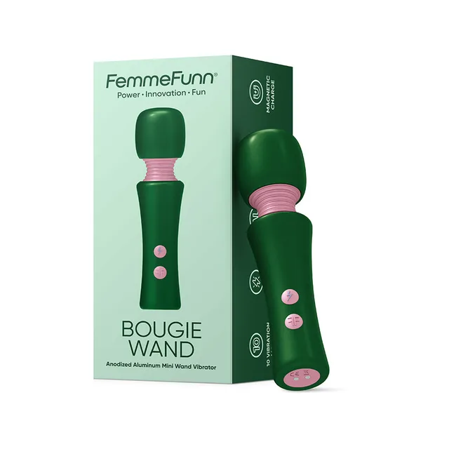 green FemmeFunn Bougie mini wand with pink neck and retail box