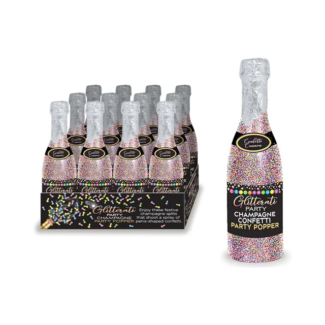 Twelve Glitterati champagne-bottle confetti poppers in black display tray