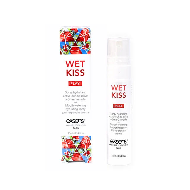 Exsens Wet Kiss Pomegranate spray bottle beside red patterned carton