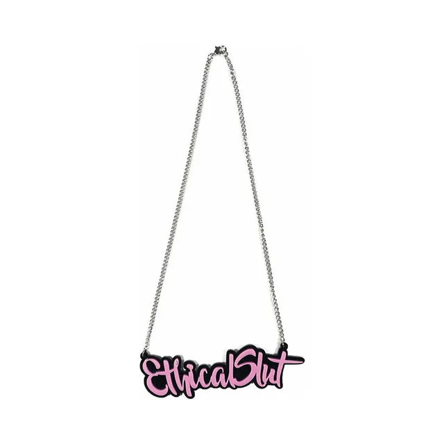 light pink Ethical Slut acrylic pendant on silver-tone ball chain
