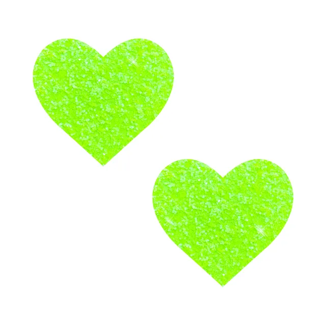 pair of bright neon lime green glitter heart-shaped nipple pasties