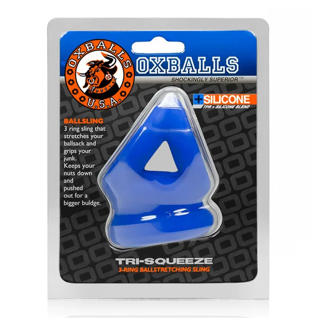 Blue OxBalls TRI-SQUEEZE three-ring cock sling in hanging package