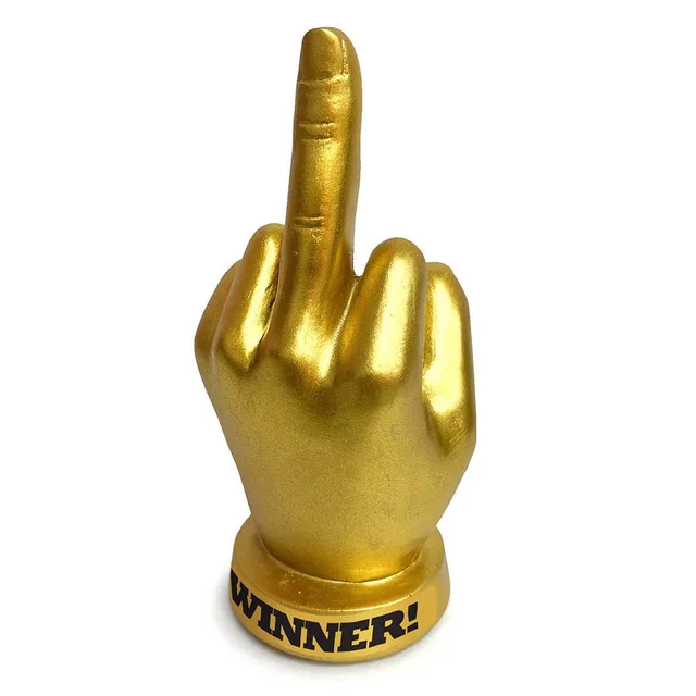 Gold raised-finger trophy on black Winner base