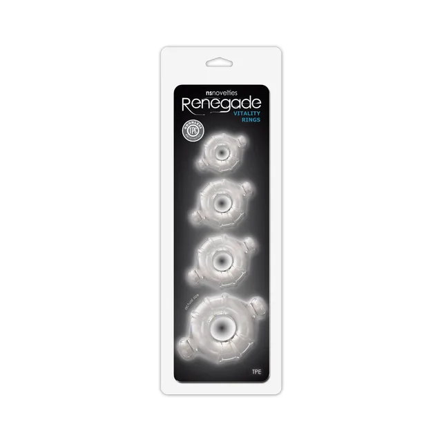 Renegade Clear Vitality Rings 4 Pack four clear rings arranged on white hanging card