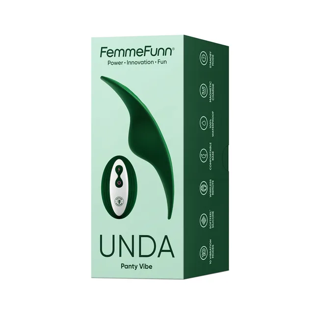 dark green FemmeFunn Unda curved panty vibrator displayed on green box