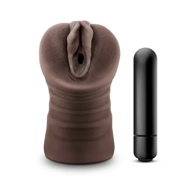Hot Chocolate Brianna brown stroker upright front view with narrow opening and bullet at right
