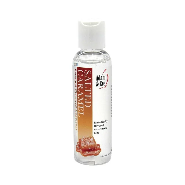 Adam & Eve Salted Caramel Flavored Lubricant 4 oz clear bottle with white cap and caramel front label