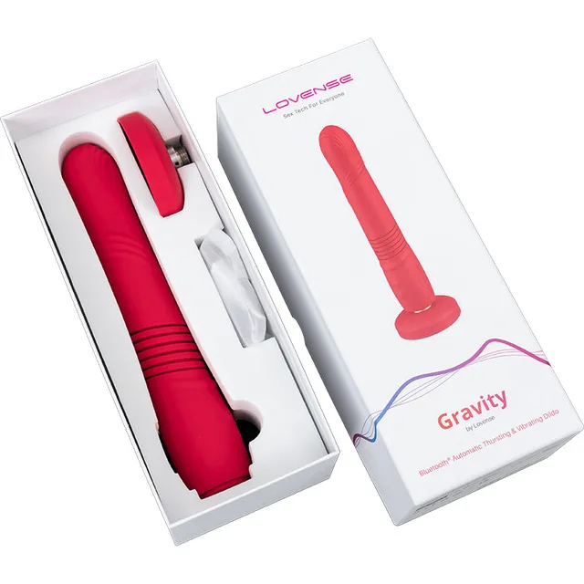 Pink Lovense Gravity dildo seated inside open package