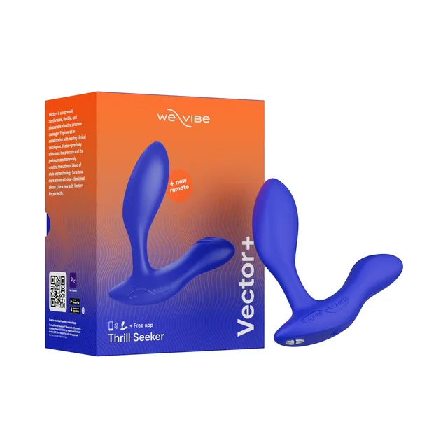 Royal blue We-Vibe Vector+ beside orange retail box