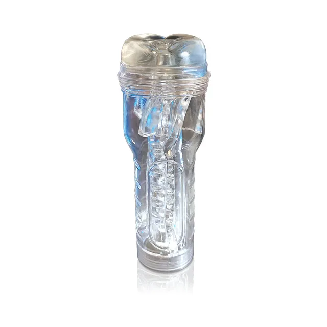 Upright transparent MSTR B8 anal stroker with clear cap