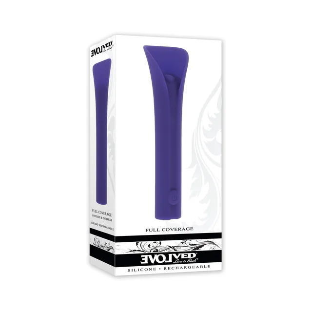 purple Evolved Full Coverage hooded bullet vibrator standing inside a white retail box