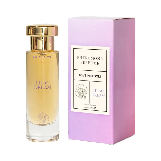 Lilac Dream 1 oz parfum bottle beside its tall lavender Eye of Love Bloom box
