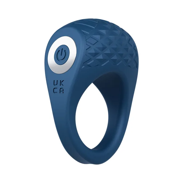 Front angled view of blue Flex Pro and white-ringed button
