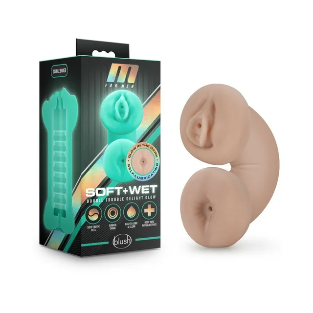 M for Men Double Trouble retail box beside beige double-ended stroker