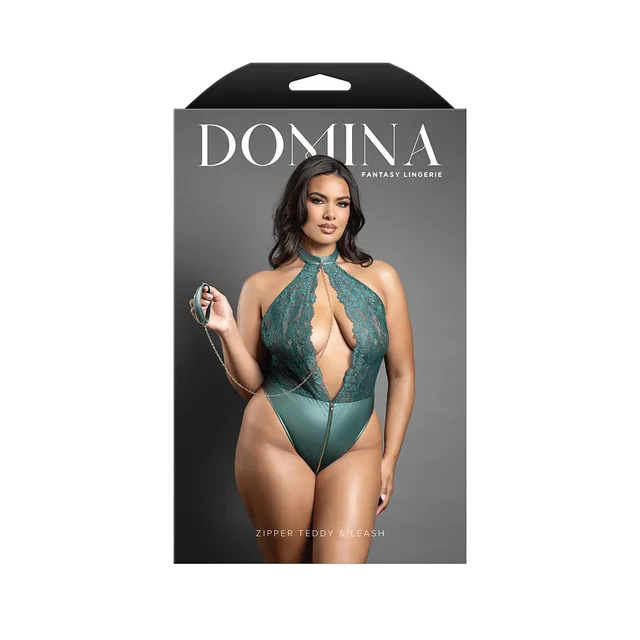 Domina package showing pine green keyhole halter teddy with chain leash in Queen size
