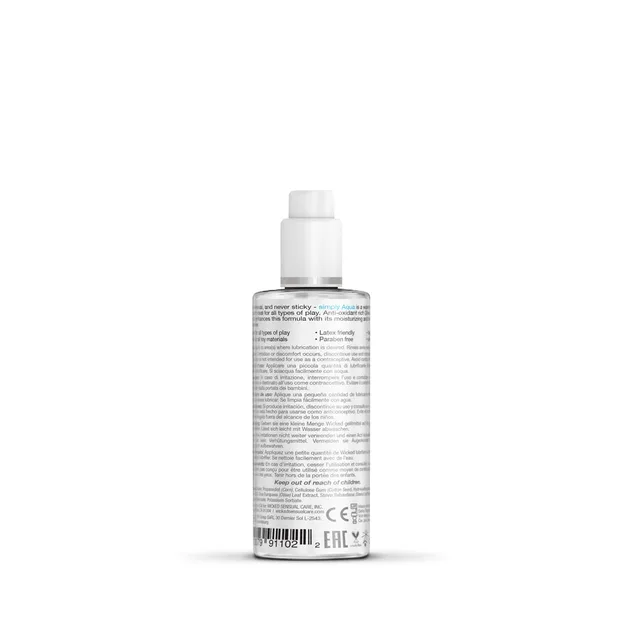 Rear view of clear Wicked Simply Aqua bottle with label text