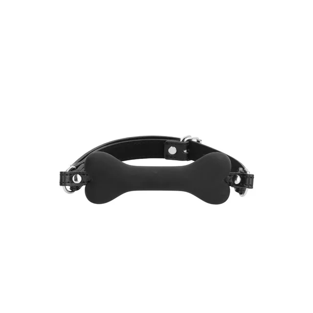 Black bone-shaped gag with buckle straps and metal rings