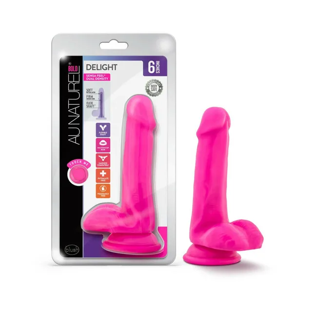 Blush Bold Delight hot pink dildo beside clear Au Naturel retail package