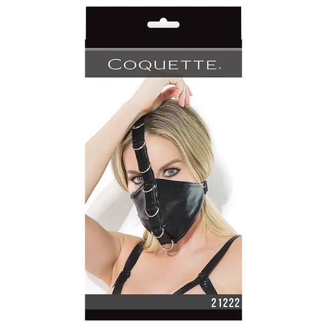 Coquette Darque black wet-look mask with silver D-rings in retail pack