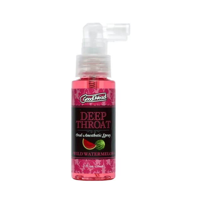 Doc Johnson GoodHead Wild Watermelon spray clear pump bottle with pink liquid and angled white actuator