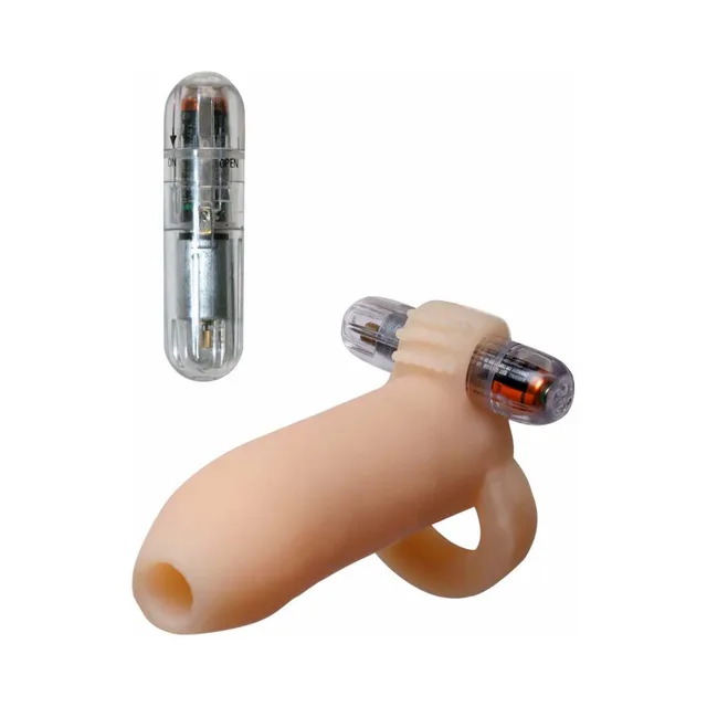 Beige TPE extension sleeve with ring and removable clear vibrator