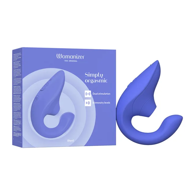 Vibrant Blue Womanizer Blend beside blue retail box with product image