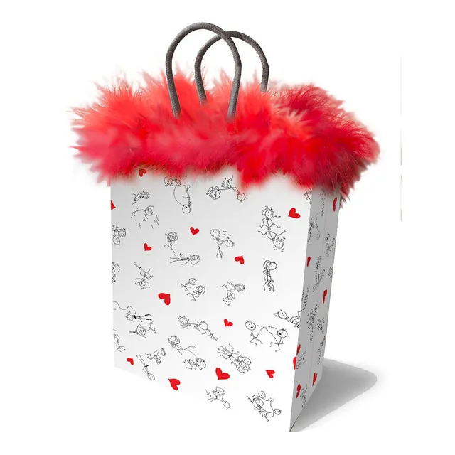 white Stick Figures gift bag with black print, red hearts and feather trim