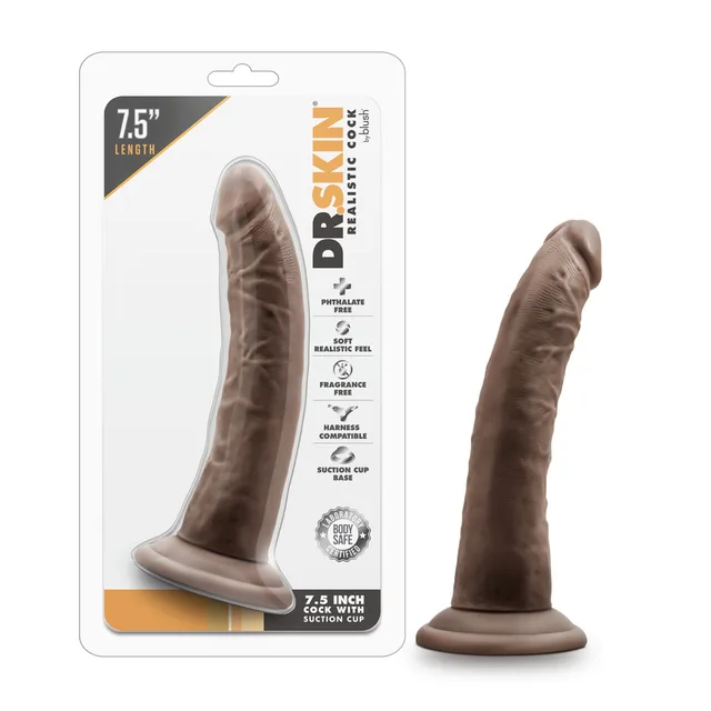 Blush Dr. Skin dark-brown 7.5-inch dildo beside clear Dr. Skin retail package