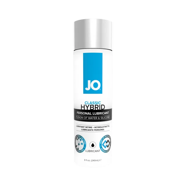 Tall 8 oz System JO Classic Hybrid bottle with blue label and silver cap