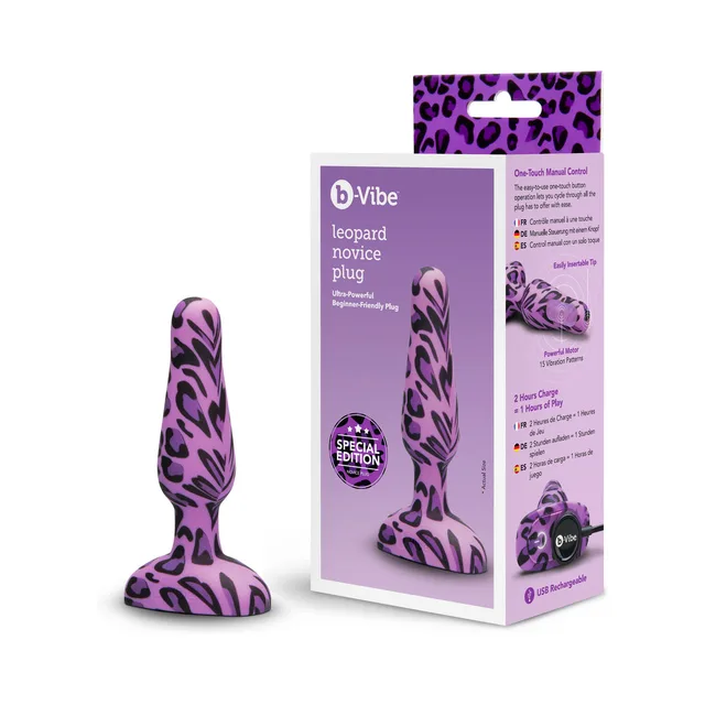 Purple leopard b-Vibe Novice plug beside retail box