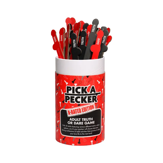 Pick A Pecker X-Rated adult truth or dare game upright red container filled with pecker-shaped prompts
