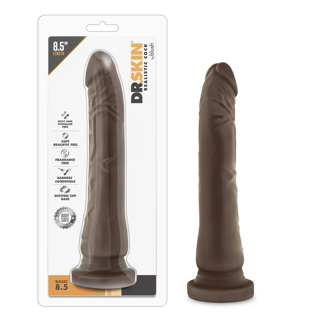 Blush Dr. Skin Basic Brown 8.5 Inch Dildo beside clear retail package