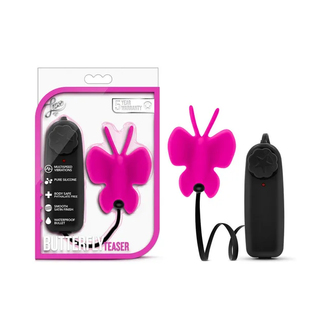 Blush Luxe Fuchsia Butterfly Teaser with black remote beside retail blister pack