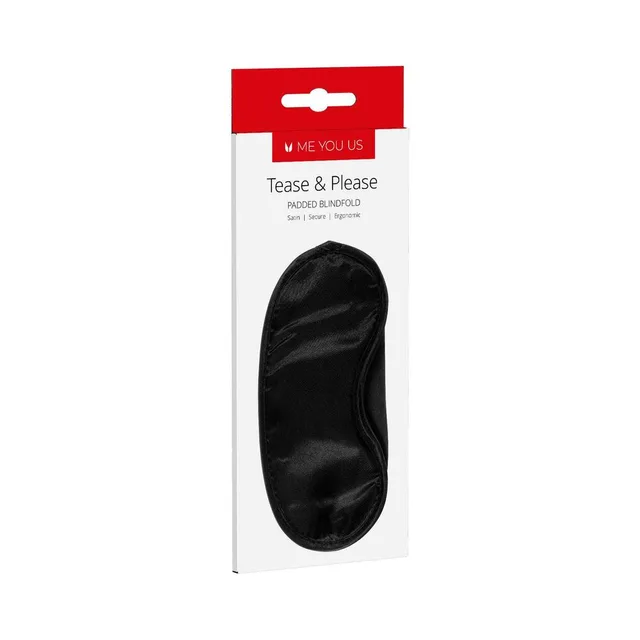 black padded satin Me You Us Tease and Please blindfold on white retail card