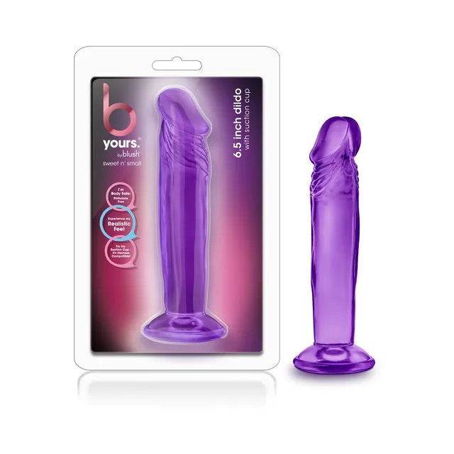 Blush Sweet N Small purple 6.5-inch dildo beside clear retail package