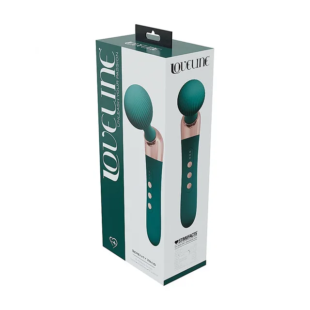 forest green LoveLine Serenity wand vibrator displayed in tall white retail box