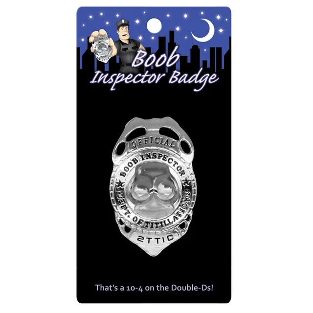 Official Boob Inspector silver novelty badge on blue black card
