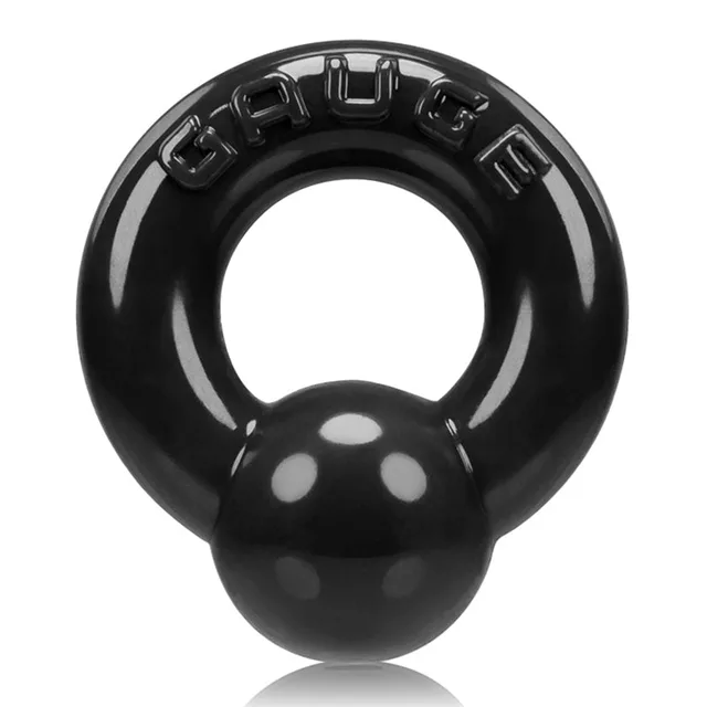 Black OxBalls Gauge ring with attached round ball and embossed lettering