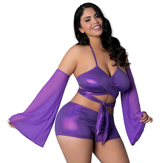 Glimmer Queen purple bralette and shorts set front view worn by model
