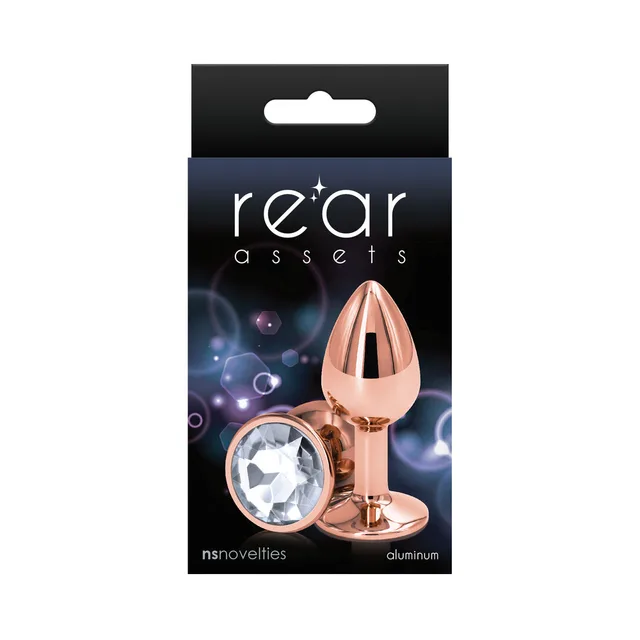Small clear gem Rear Assets rose gold plug in black box